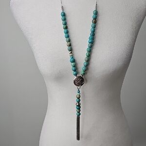 Chico's‎ Turquoise & Silver Toned Bead Necklace w Pendant & Tassel Southwestern